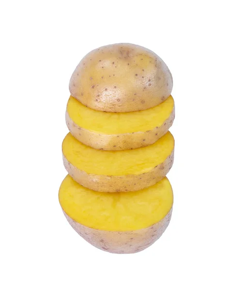 Rauwe Aardappel Gesneden Vol Voedzaam Zetmeel Geïsoleerd Witte Achtergrond Wortelgroenten — Stockfoto