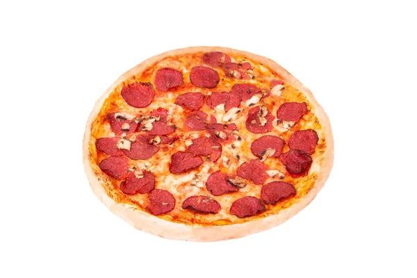 Salami Pizza Mit Pilzen Isoliert Auf Weiß Von Oben — Stockfoto