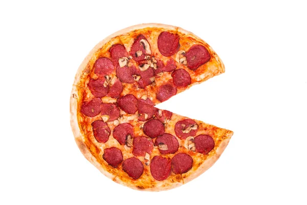 色拉米披萨 没有切片 隔离在白色 顶部视图 — 图库照片