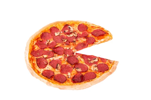 Pizza Salami Con Champiñones Sin Rebanada Aislada Sobre Blanco Vista — Foto de Stock