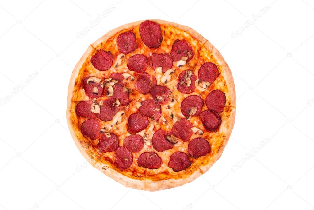 Salami pizza with mushrooms isolated on white, top view
