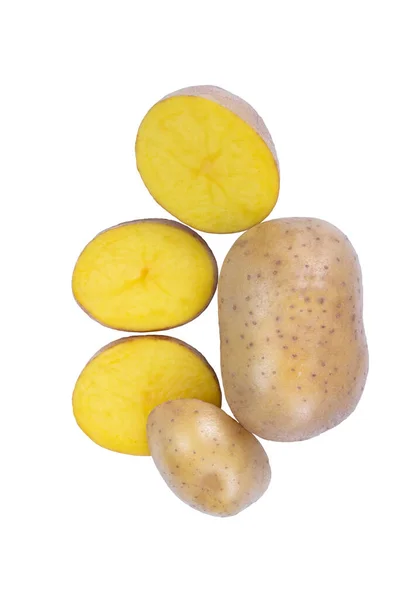 Batatas Inteiras Fatias Corte Fundo Branco Com Caminho Recorte Legumes — Fotografia de Stock