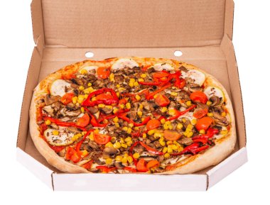 Mantarlı, mısırlı, kiraz domatesli, kabaklı ve dolma biberli ya da karton kutuda kartondan yapılmış vejetaryen pizzalı leziz taze pizza.