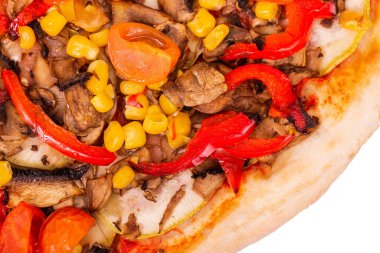 Mantarlı, mısırlı, kiraz domatesli, kabaklı, dolmalık biberli ya da sebzeli vejetaryen pizzalı geleneksel lezzetli pizza.