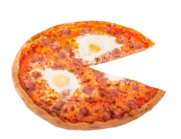 Pizza Beef Sausages Eggs Bacon Brunch Pizza Tasty Cut Pizza — Stock Photo, Image