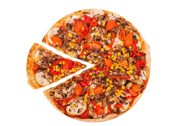 Вкусная Пицца Грибами Кукурузой Помидорами Черри Кабачками Перцем Вегетарианской Пиццей — стоковое фото