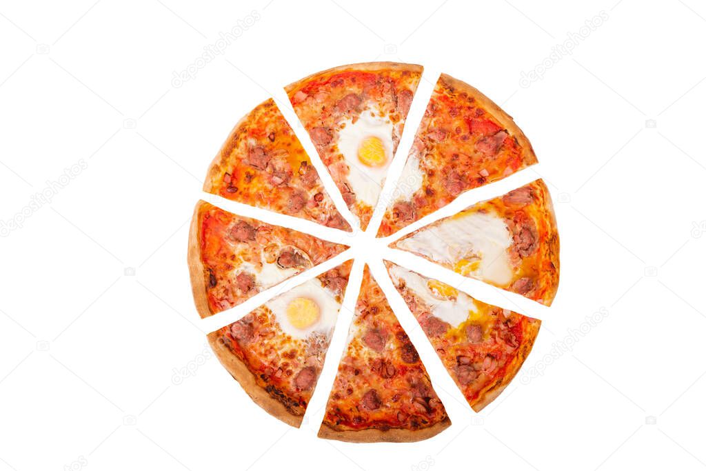 Italian pizza with beef sausages, eggs and bacon or Brunch pizza. Sliced pizza isolated on white background with clipping path, top view