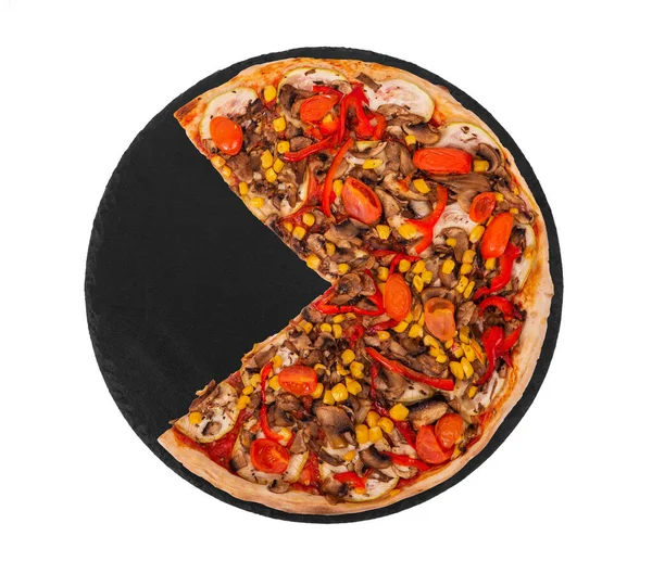 Deliciosa Pizza Com Cogumelos Milho Tomate Cereja Abobrinhas Pimentas Sem — Fotografia de Stock