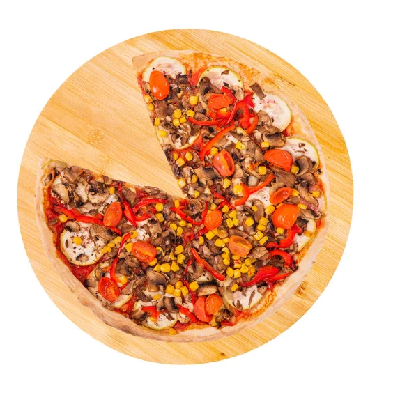 Вкусная Пицца Грибами Кукурузой Помидорами Черри Кабачками Перцем Единого Ломтика — стоковое фото
