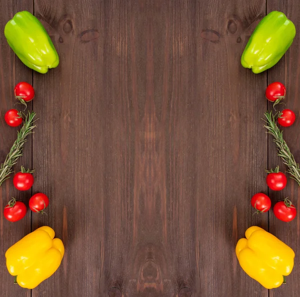Side Frame Cherry Tomatoes Bell Peppers Different Colors Rosemary Herb — Stock Photo, Image