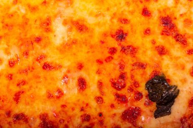 Geleneksel mozzarella, bocconcini ve fesleğen yaprağı ya da pizza margherita, yakın görüş. Pizza arkaplanı, makro fotoğraf.