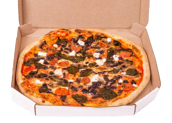 Deliciosa Pizza Fresca Com Mussarela Feta Tomate Cereja Espinafre Cogumelos — Fotografia de Stock