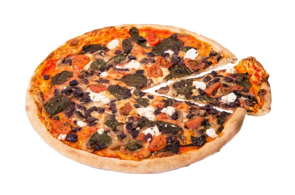 Lekkere Pizza Met Mozzarella Feta Kerstomaten Spinazie Champignons Kalamata Olijf — Stockfoto