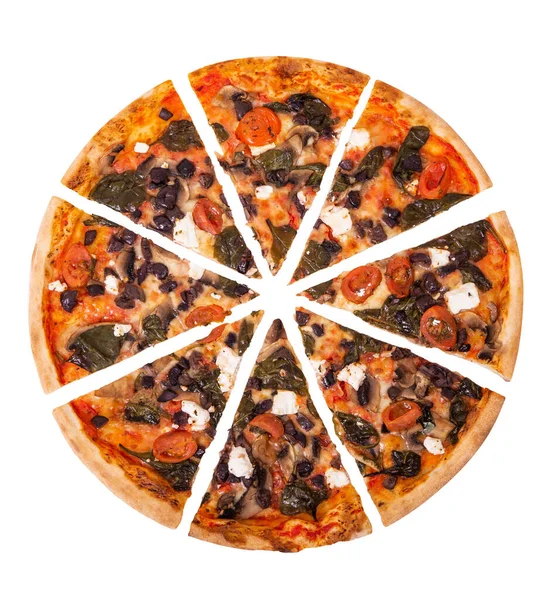 Pizza Italiana Com Mussarela Feta Tomate Cereja Espinafre Cogumelos Azeitona — Fotografia de Stock