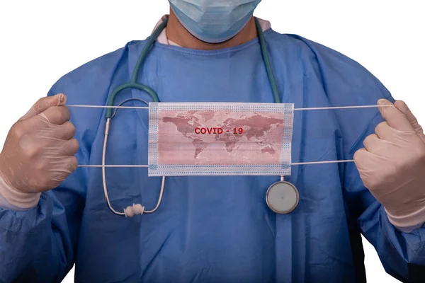 Covid Global Pandemic Doctor Holding Surgical Protective Antiviral Mask Concept — Stock Photo, Image