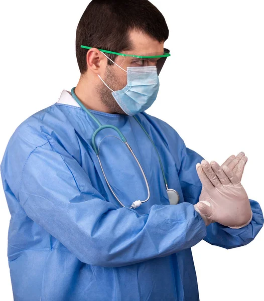 Ein Arzt Mit Stethoskop Maske Und Schutzbrille Gegen Coronavirus Der — Stockfoto