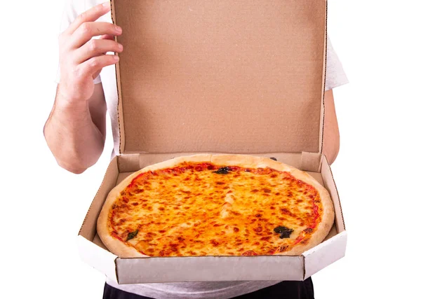 Young Man Opens Pizza Box Pizza Delivery Service Delicious Fresh — Stock Photo, Image
