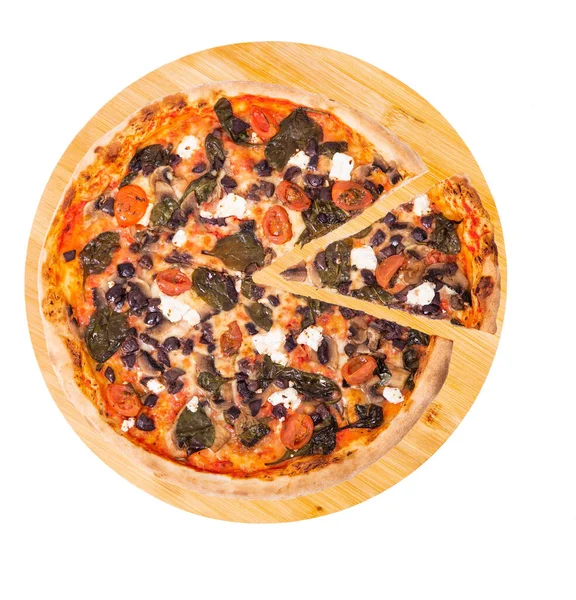 Итальянская Пицца Помидорами Черри Шпинатом Моцареллой Фета Оливковыми Каламатами Грибами — стоковое фото