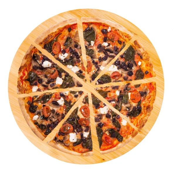 Pizza Fatiada Com Tomate Cereja Espinafre Mussarela Feta Azeitona Kalamata — Fotografia de Stock