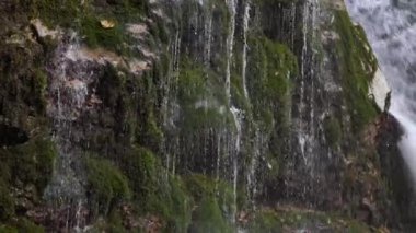 Şelalenin yanındaki kayadan su sızıyor. Suyun sızıntısının sesi.