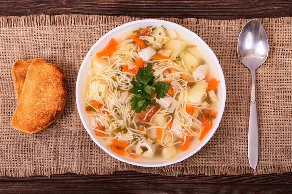 Homemade Noodle Soup Pieces Chicken Breast Carrots Potatoes Parsley White — Stock Photo, Image