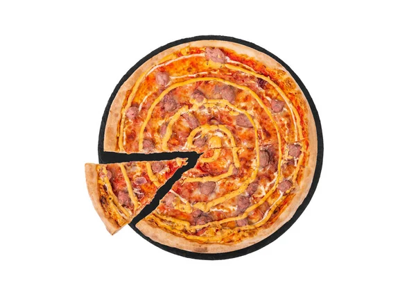 Pizza Salsiccia Italiana Com Salsichas Carne Mussarela Vários Molhos Cebolas — Fotografia de Stock