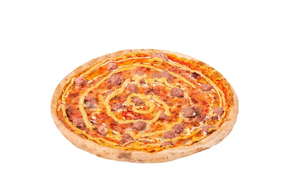 Salsiccia Pizza Mit Rinderwurst Mozzarella Verschiedenen Soßen Und Marinierten Roten — Stockfoto