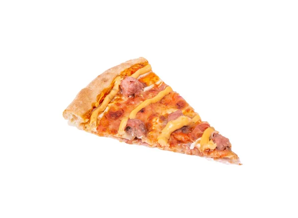 Uma Fatia Pizza Salsiccia Com Salsichas Carne Mussarela Vários Molhos — Fotografia de Stock