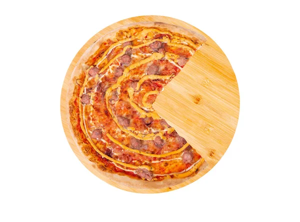 Délicieuse Pizza Salsiccia Aux Saucisses Bœuf Mozzarella Diverses Sauces Oignons — Photo