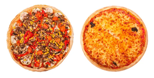 Zestaw Dwóch Pysznych Pizzy Izolowane Białym Tle Widok Góry Pizza — Zdjęcie stockowe