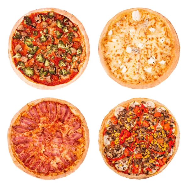 Zestaw Czterech Smacznych Pizzy Odizolowanych Białym Tle Widok Góry Pizza — Zdjęcie stockowe