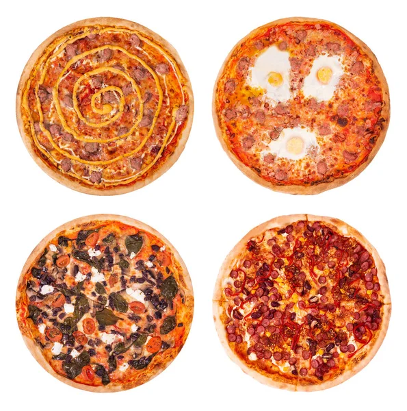 Zestaw Czterech Smacznych Pizzy Odizolowanych Białym Tle Widok Góry Pizza — Zdjęcie stockowe