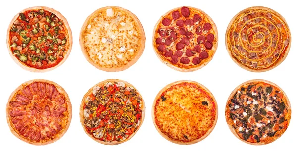 Conjunto Diferentes Pizzas Quentes Com Vários Ingredientes Delicioso Queijo Derretido — Fotografia de Stock