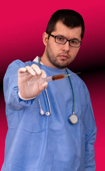 Doctor Stethoscope Biohazard Protection Clothing Covid Virus Contamination Holding Syringe — Stock Photo, Image