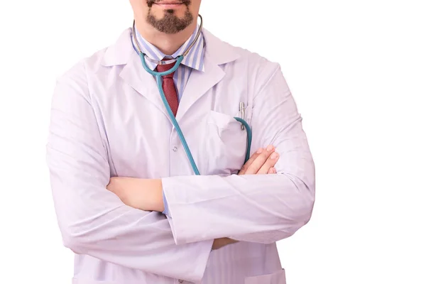 Medico Fiducioso Una Vestaglia Bianca Cravatta Stetoscopio Tiene Mani Incrociate — Foto Stock