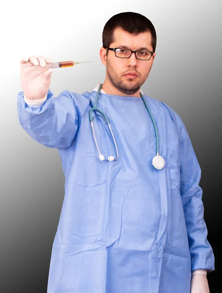 Doctor Stethoscope Eyeglasses Protection Clothing Covid Virus Contamination Holds Hand — Stock Photo, Image