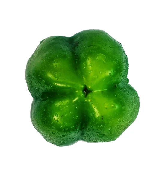 Zielony Słodki Papryka Kroplami Wody Izolowane Białym Tle Widok Tyłu — Zdjęcie stockowe