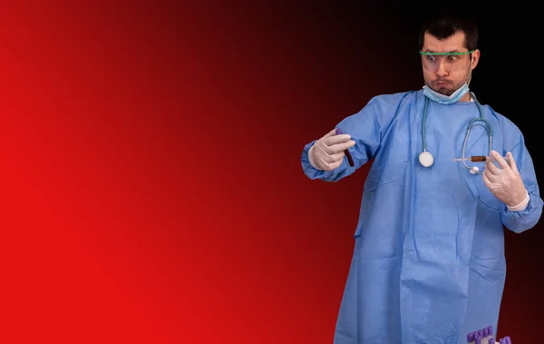 Doctor Does Experiment One Hand Holds Syringe Other Test Tube — Stock Photo, Image