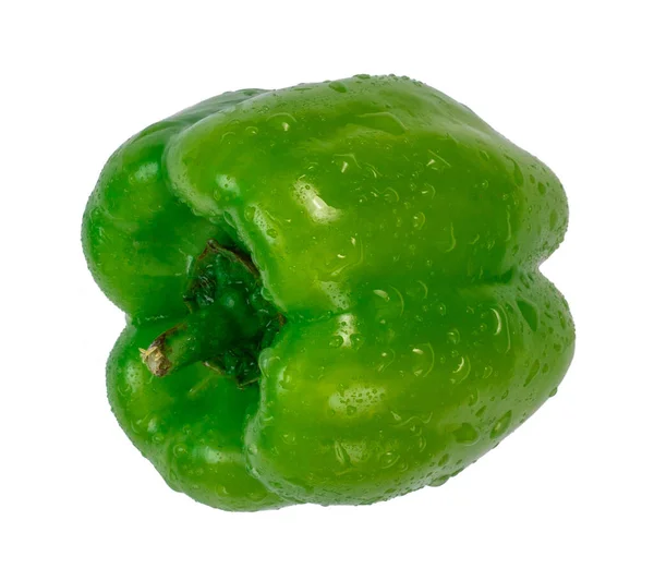 Groene Paprika Met Waterdruppels Geïsoleerd Witte Achtergrond Zijaanzicht Verse Groenten — Stockfoto