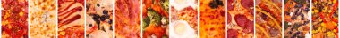 Çeşitli lezzetli pizza arka planlarından oluşan yemek kolajı, makro fotoğraf. En iyi İtalyan pizzalarından büyük bir set. Yemek afişi