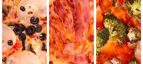 Kolaż Trzech Rodzajów Najlepszych Włoskich Pizzy Pizza Szynką Grzybami Oliwkami — Zdjęcie stockowe