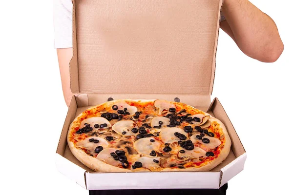 Young Man Opens Cardboard Box Pizza Delivery Service Delicious Fresh — Stock Photo, Image