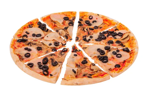 Sliced Italian Pizza Ham Mozzarella Mushrooms Olives Isolated White Background — Stock Photo, Image