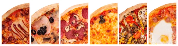 Seis Tipos Deliciosas Pizzas Aisladas Sobre Fondo Blanco Conjunto Collage — Foto de Stock