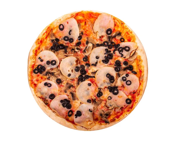 Pizza Italiana Com Presunto Mussarela Cogumelos Azeitonas Isolada Sobre Fundo — Fotografia de Stock