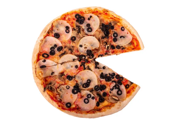 Snijd Pizza Met Ham Mozzarella Champignons Olijven Zonder Een Plakje — Stockfoto