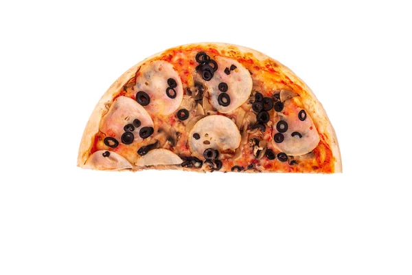 Une Moitié Délicieuse Pizza Jambon Mozzarella Champignons Olives Isolée Sur — Photo