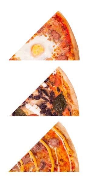 一组三片不同的意大利披萨 牛肉香肠和鸡蛋 意大利面 橄榄和意大利面 背景是白色的 — 图库照片