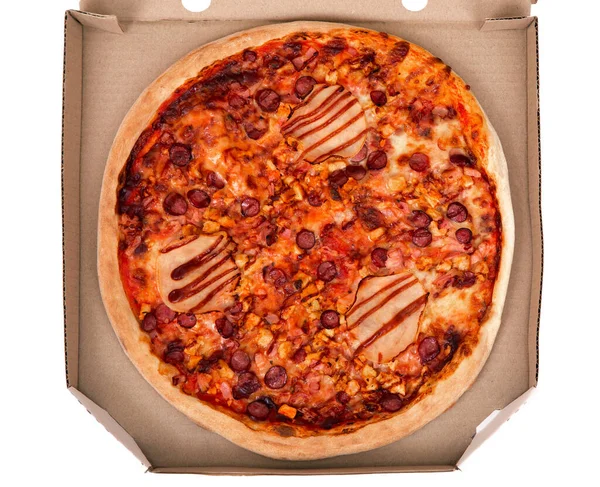 Italian Fresh Bbq Pizza Ham Bbq Sauce Bacon Salami Cardboard — Stock Photo, Image