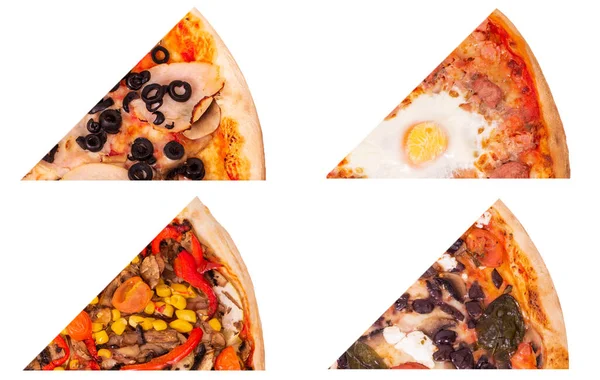 Fyra Typer Välsmakande Pizza Set Eller Collage Pizza Skivor Isolerade — Stockfoto